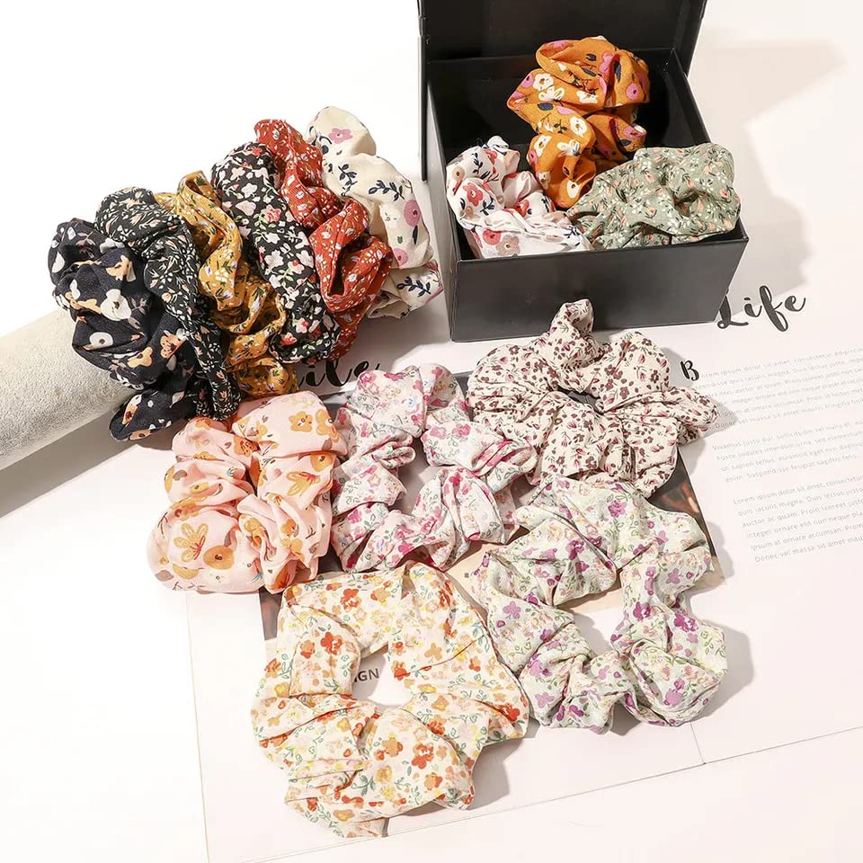 Blubby 12 Pcs Chiffon Hair Bands - Soft Ponytail Holders & Floral Hair Scrunchies for Women Girls - Hair Accessories Set for Everyday, School, Party & Wedding (12 Random Designs)