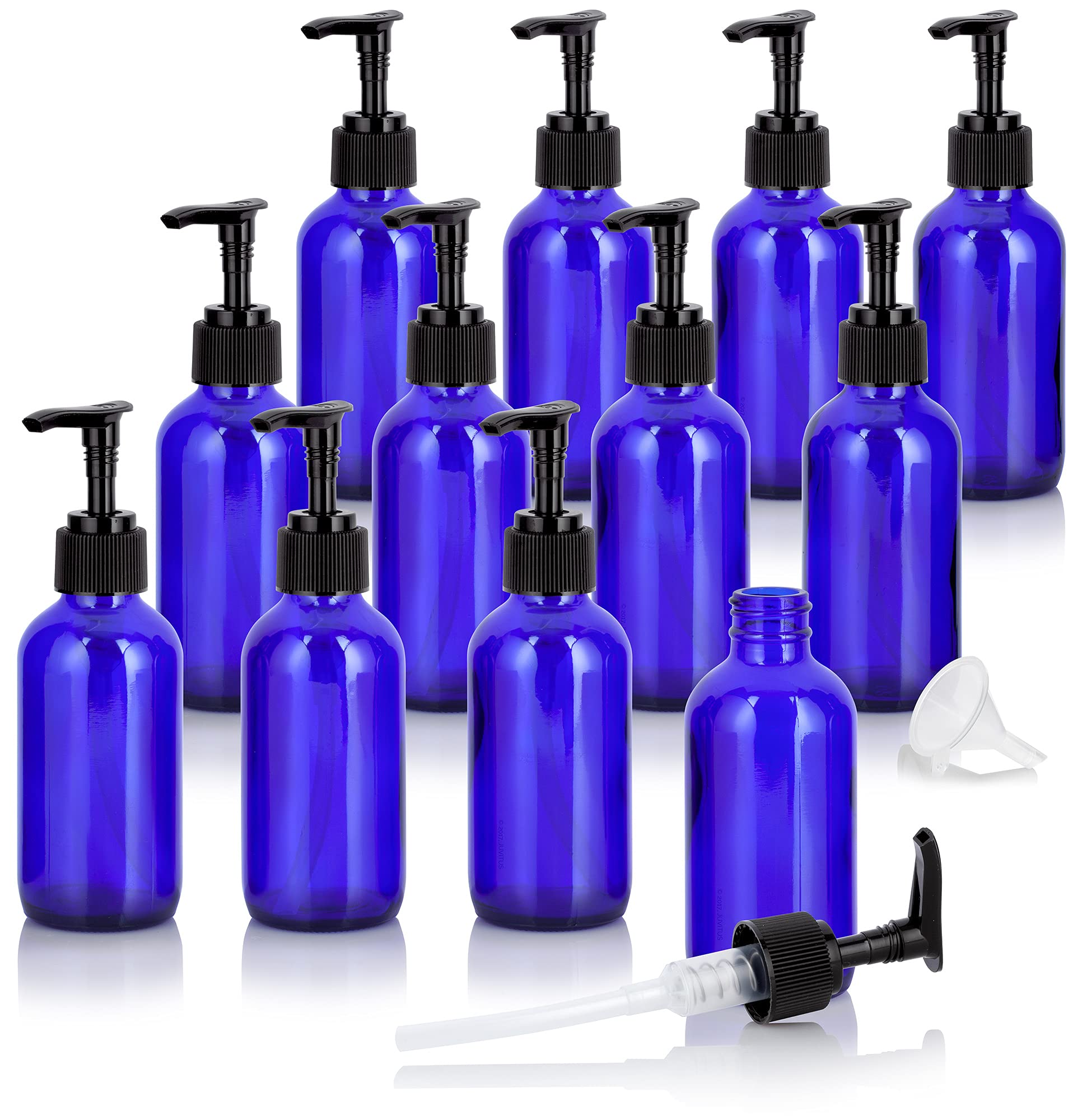 4 oz Cobalt Blue Glass Boston Round Bottles with Black Lotion Pumps (12 Pack) + Free Funnel - Essential Oil, DIY Beauty & Skincare Storage Solution for Home, Salon or Travel
