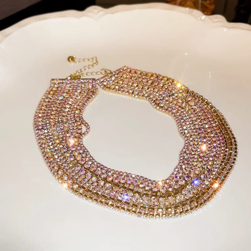 Luxury Multilayer Crystal Choker Necklace for Women - Gold Rhinestone Statement Jewelry - Perfect for Parties, Weddings & Evening Events