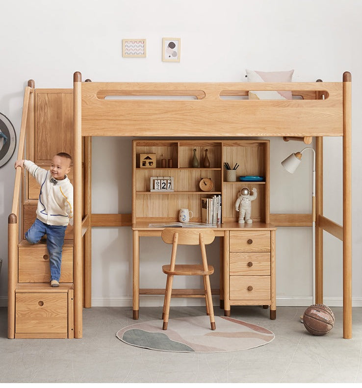 Solid Oak Wood Loft Bed with Storage Cabinet - Space-Saving Furniture for Small Rooms, Kids Bedroom & Dormitory