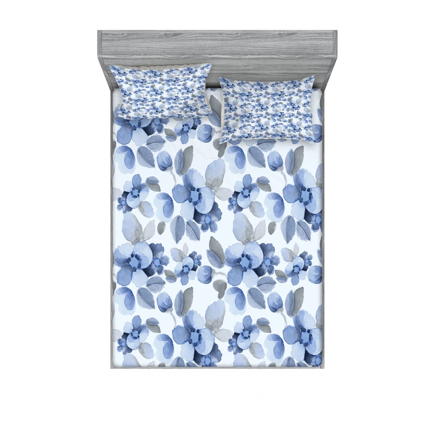 Ambesonne Romantic 2-Piece Queen Size Fitted Sheet Set with 4 Pillow Shams - Floral Camellia Leaf Pattern Blue Bedding Decor for Master Bedroom & Guest Room - Soft Microfiber Luxury Bed Sheets for Comfortable Sleep