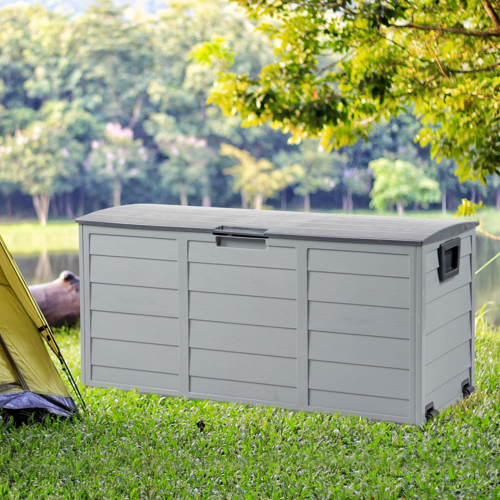 VINGLI 75 Gallon Outdoor Storage Box with Lockable Lid - Waterproof Plastic Deck Box for Patio, Garden, Pool, Balcony & Yard - Grey Storage Container for Cushions, Toys & Outdoor Gear