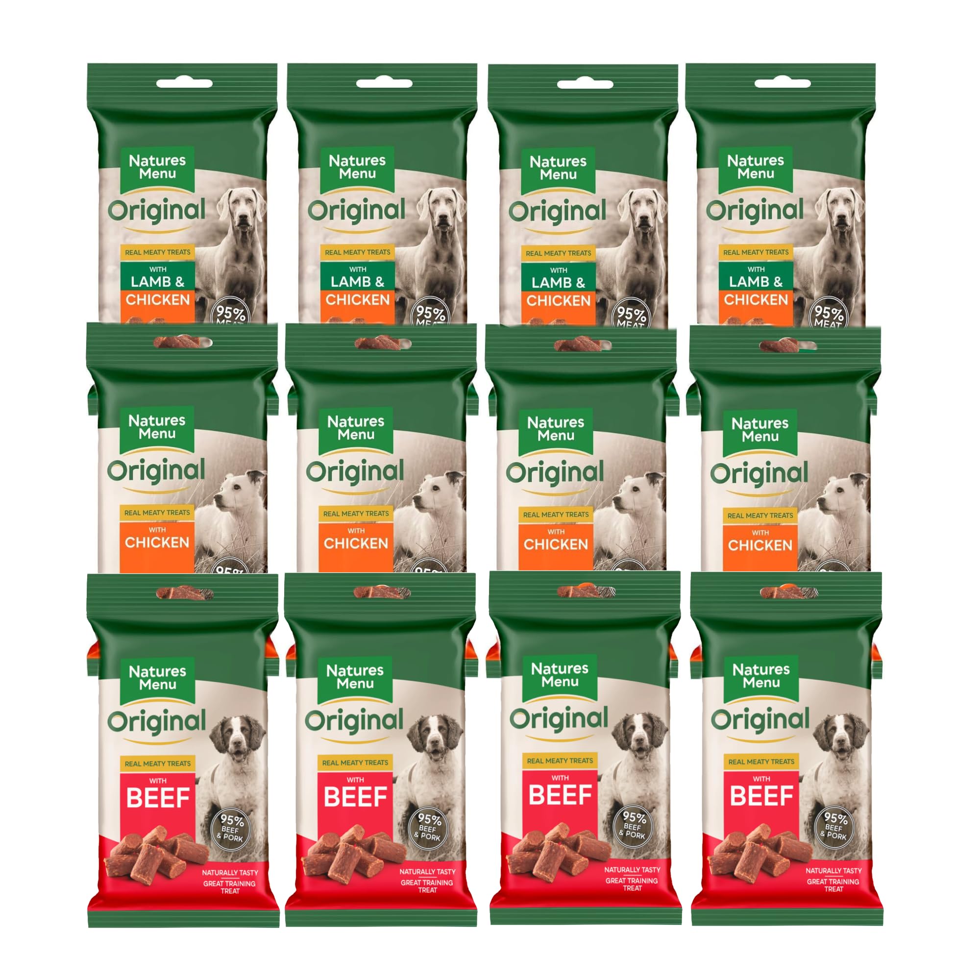 NATURE'S MENU Original Mixed Variety Real Meaty Dog Treats for Puppies & Adult Dogs - 60g (3 Flavors) Case of 12 - High Protein Training Snacks for Reward & Dental Health