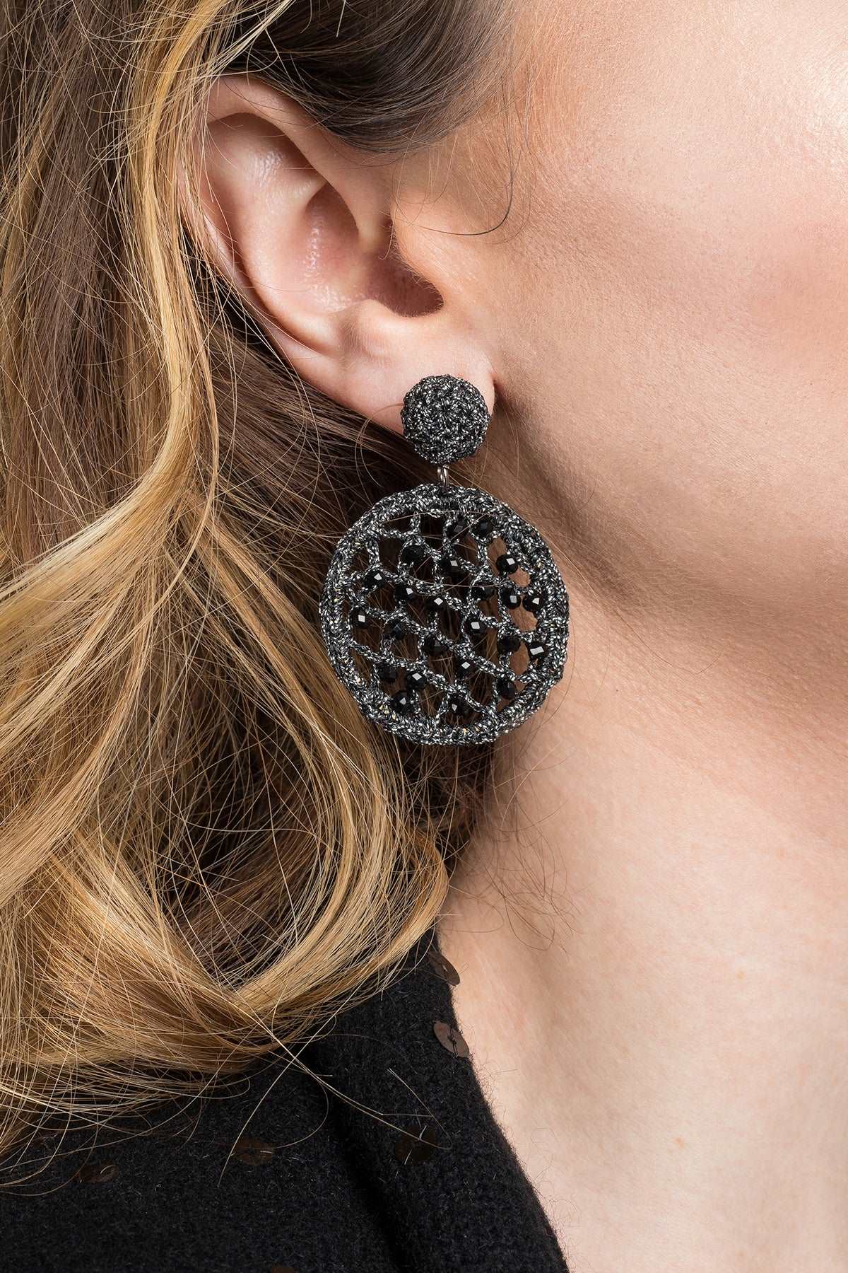 Sparkling Black Crystal Crochet Earrings for Women - Elegant Handmade Dangle Earrings for Parties, Weddings & Special Occasions