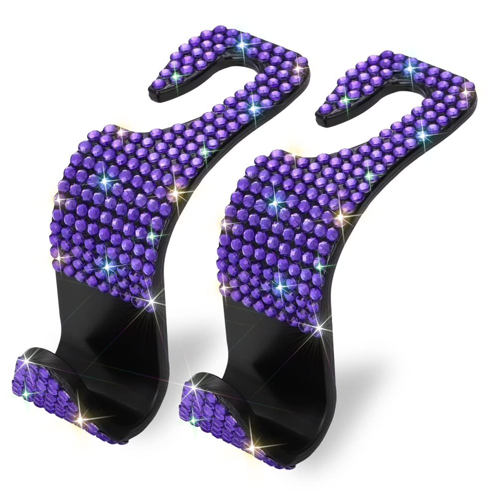 OTOSTAR 2 Pack Bling Diamond Car Headrest Hooks - Universal Vehicle Seat Hangers & Organizer | Handmade Auto Accessories for Purse, Bag & Shopping (Violet) - Perfect for Road Trips, Commuting & Daily Errands