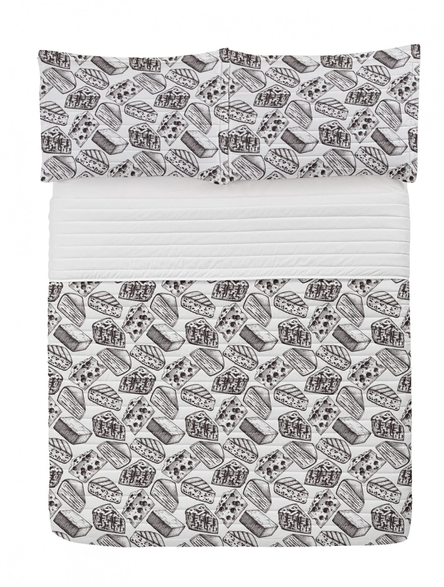 Ambesonne French Cafe Microfiber Bedspread Set - Vintage Cheese Slice Design on Plain Background, Soft Queen Size Bedding with Pillow Shams & Comforter in Dark Brown & White | Perfect for Retro-Themed Bedrooms, Guest Rooms & Cozy Home Decor