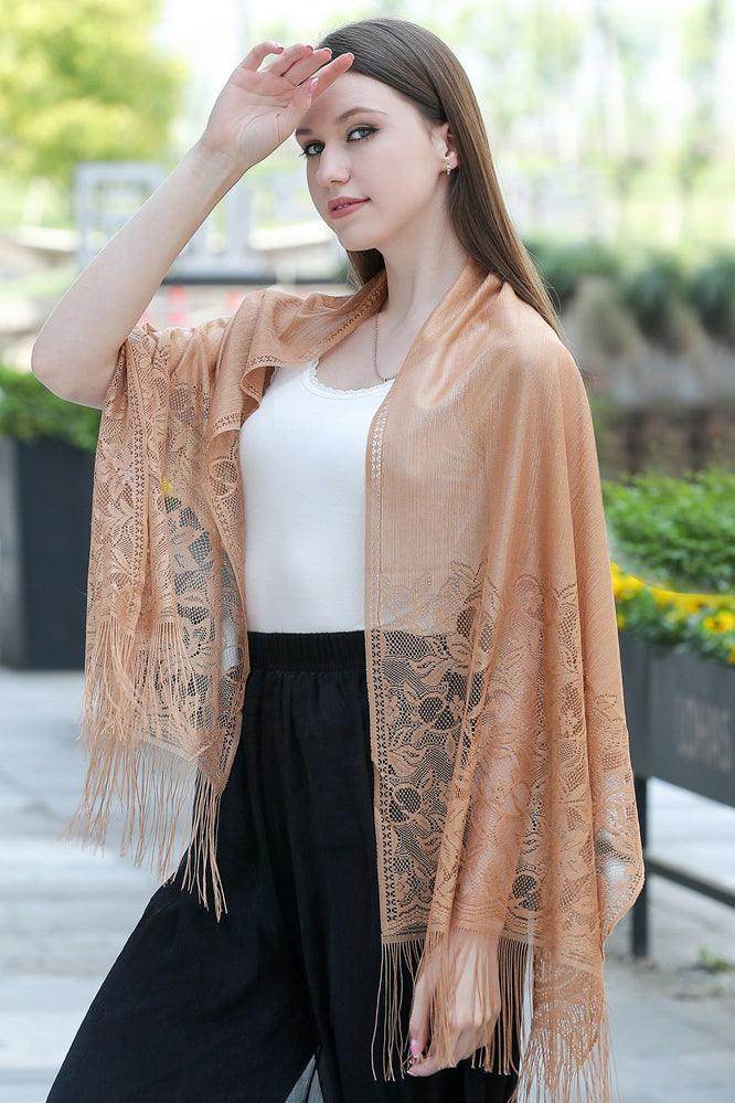 Elegant Lace Shawl with Tassels - Women's Fashion Scarf for Weddings, Parties & Evening Events (Style CJ0107)