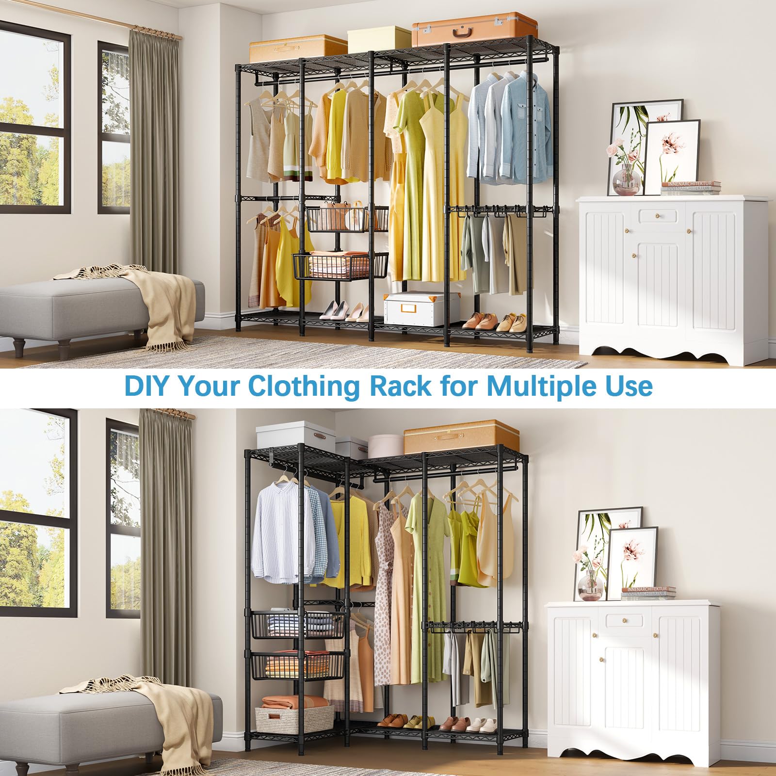 VIPEK V40 Pro Heavy Duty Portable Closet Wardrobe - Freestanding Clothes Rack with 2 Sliding Storage Baskets & 10 Pants Hangers, 1000lbs Capacity for Bedroom, Living Room, Dorm or Office Organization (Black)