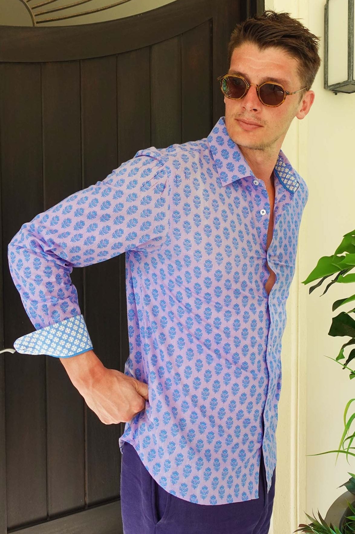 Men's Azalea Purple Printed Cotton Shirt - Casual Button Down Shirt for Summer, Spring & Fall | Perfect for Outdoor Activities, Date Nights & Office Wear