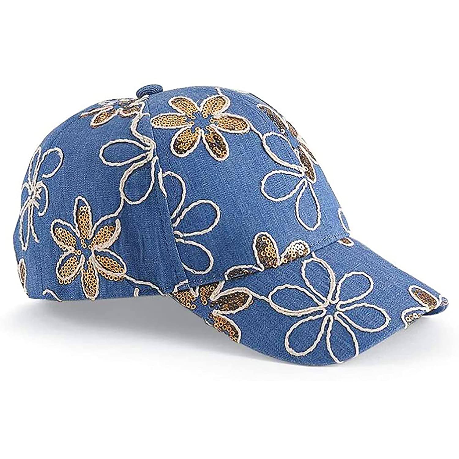 Embroidered Flowers Baseball Cap for Women - Adjustable Denim Hat with Gold Sequin Accents | 100% Cotton Fashion Sun Hat | Perfect for Outdoor Activities, Beach, and Casual Wear