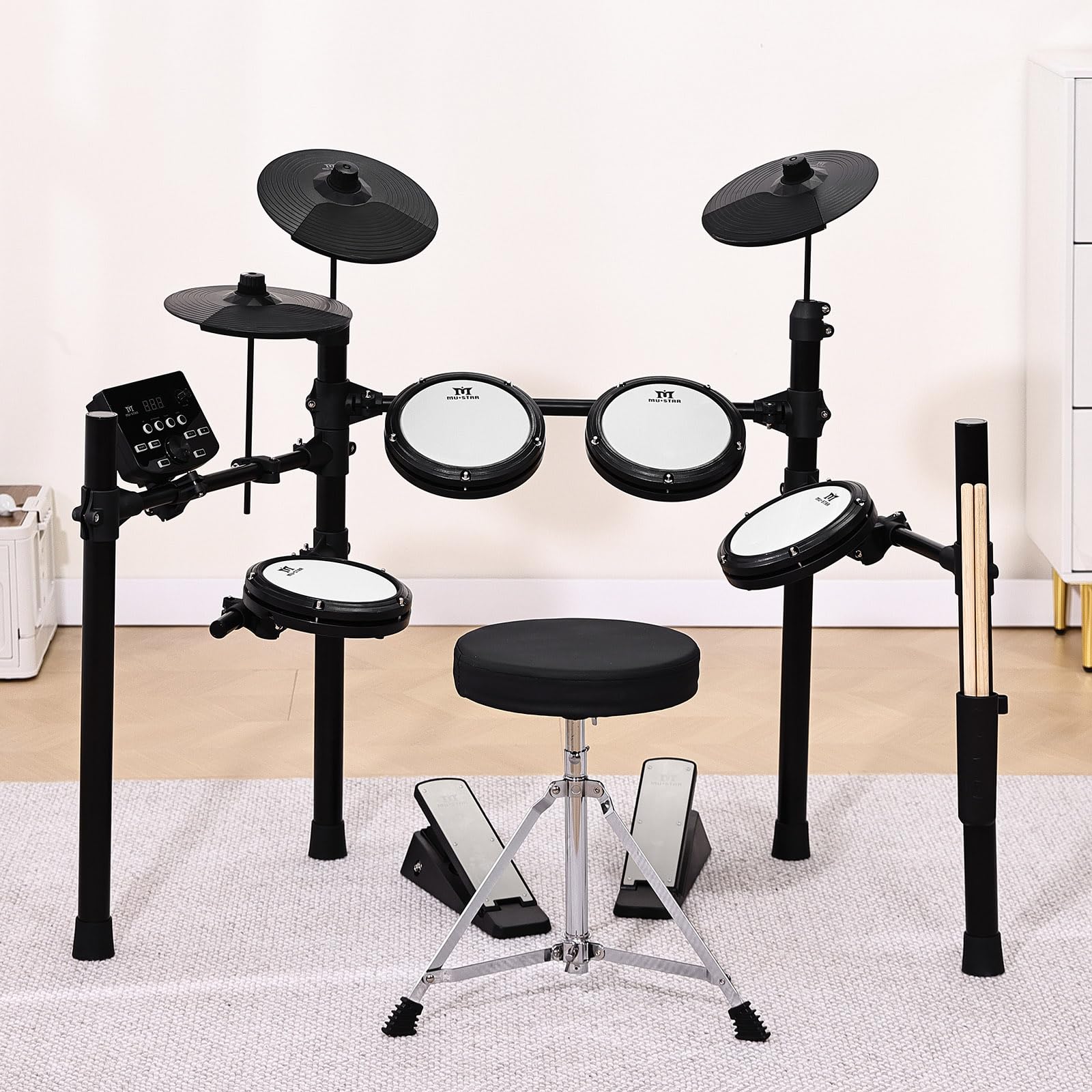 MUSTAR 10-Piece Electronic Drum Set with 450 Sounds, Mesh Drum Pads, 2 Choke Cymbals, Kick Drum, Pedals, Headphones & Sticks - USB MIDI Compatible for Home Practice, Studio Recording & Live Performances