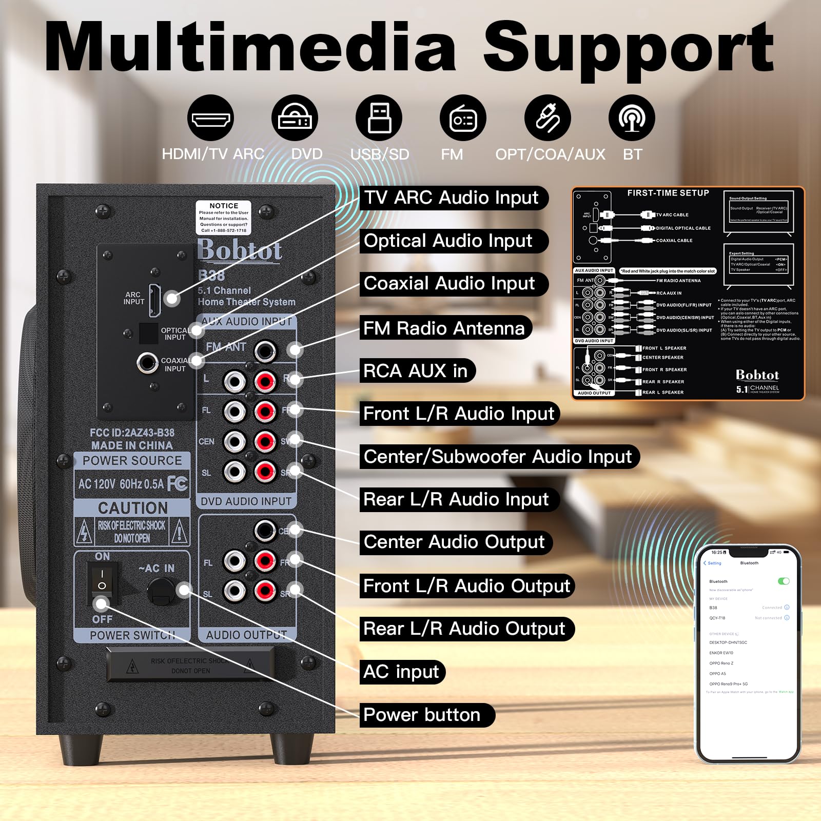 5.1 Channel Home Theater System with 4-Inch Subwoofer & Wired Speakers - HDMI ARC, Optical, Bluetooth Input for TV, Projector | Perfect for Movie Nights & Gaming Setup