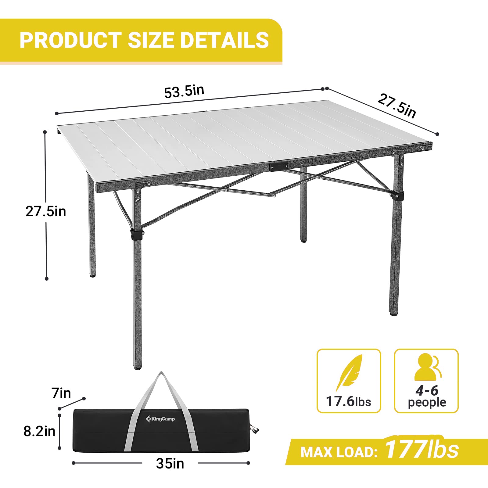 KingCamp Aluminum Folding Camp Table - Lightweight Portable Roll Up Outdoor Picnic Table for Camping, Hiking, BBQ, Beach & Backyard Use