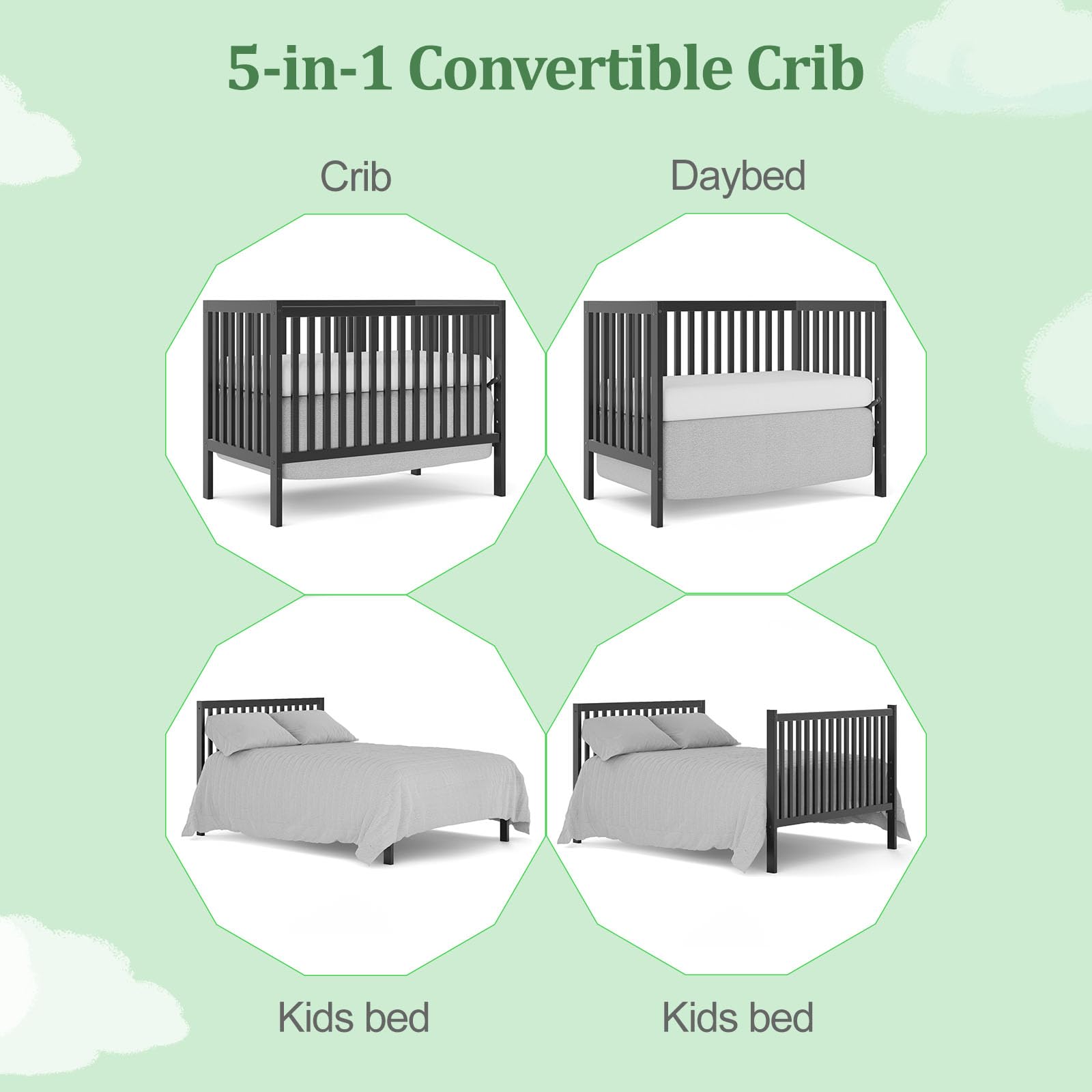5-in-1 Convertible Baby Crib to Toddler Bed & Full Size Bed Frame - Safe Nursery Furniture for Boys & Girls - Perfect for Newborns, Infants & Growing Kids (Mattress Not Included) | Ideal for Nursery Rooms, Daycare Centers & Family Homes