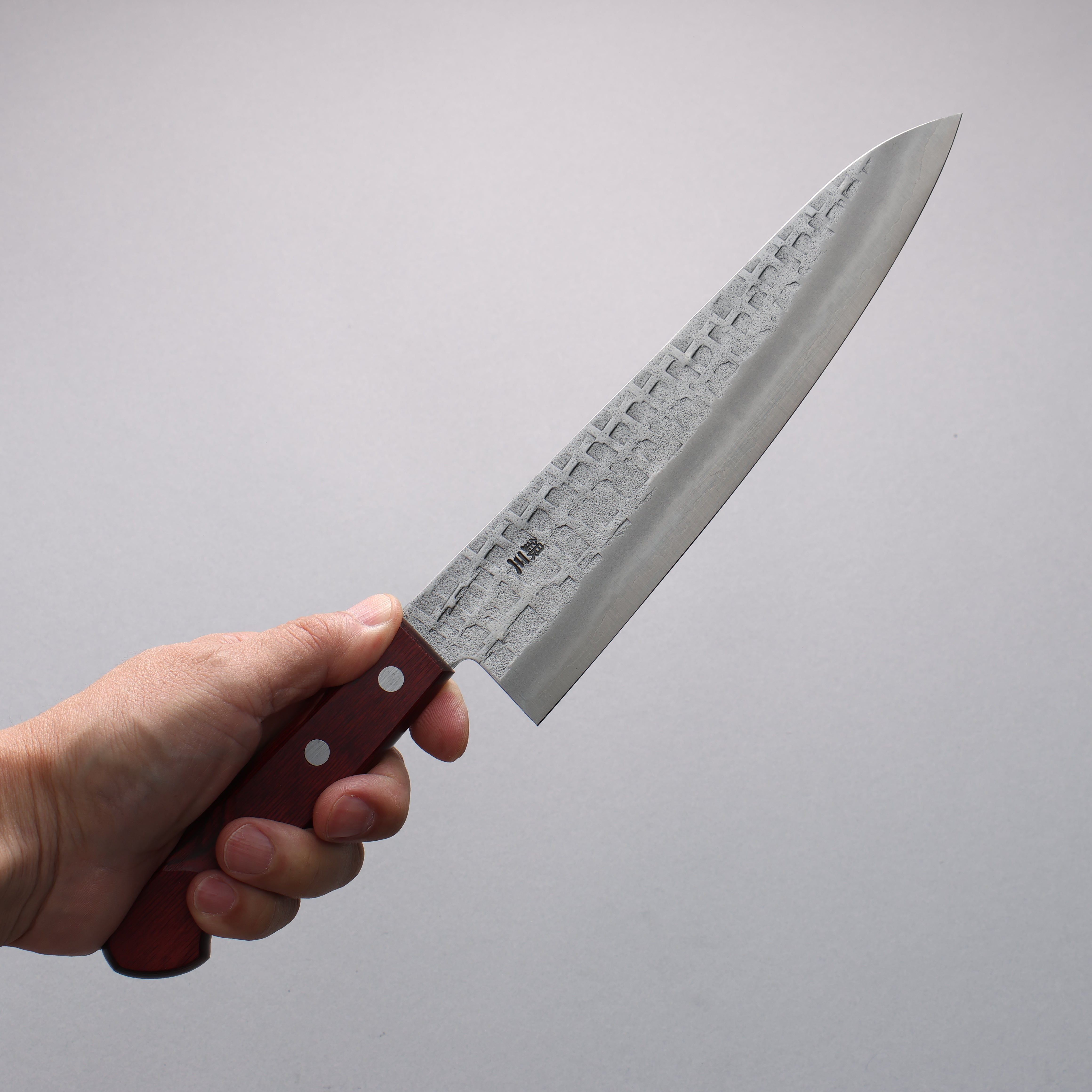 Nao Yamamoto 210mm Gyuto Chef Knife - Silver Steel No.3 Nashiji Hammered Square Blade with Red Pakka Wood Handle - Perfect for Sushi, Meat Cutting & Professional Kitchen Use