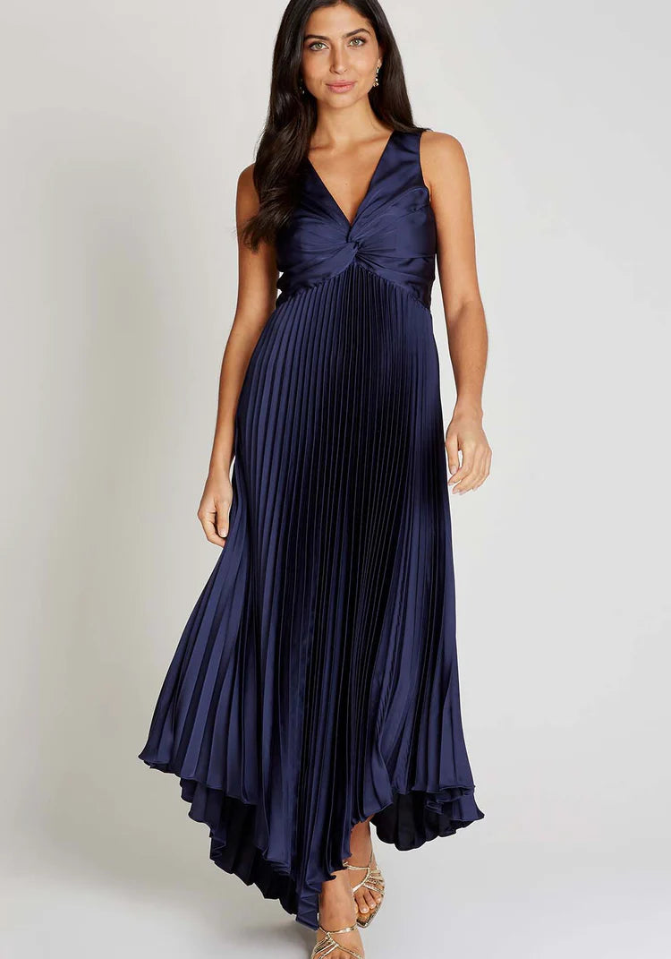 Cliona Satin Pleated Midi Dress for Women - Navy Blue Formal & Cocktail Party Wear - Elegant Satin Evening Dress for Weddings, Dinners & Special Occasions