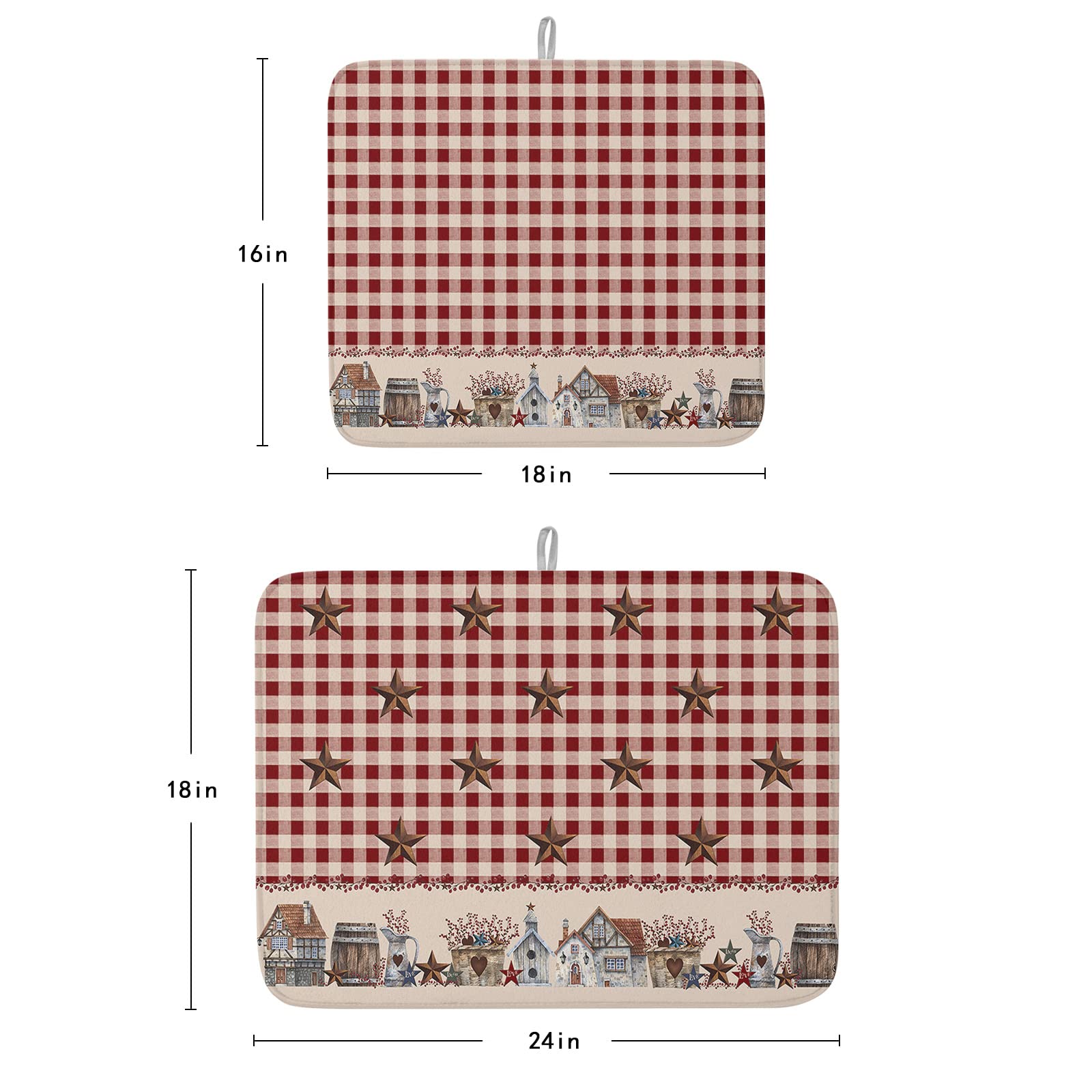 18x24 Inch Dish Drying Mat for Kitchen Counter - Absorbent Farmhouse Style Sink Protector Pad with Rustic Barn Star Design | Perfect for Dishes, Coffee Pots & Countertop Protection (Buffalo Check Pattern)