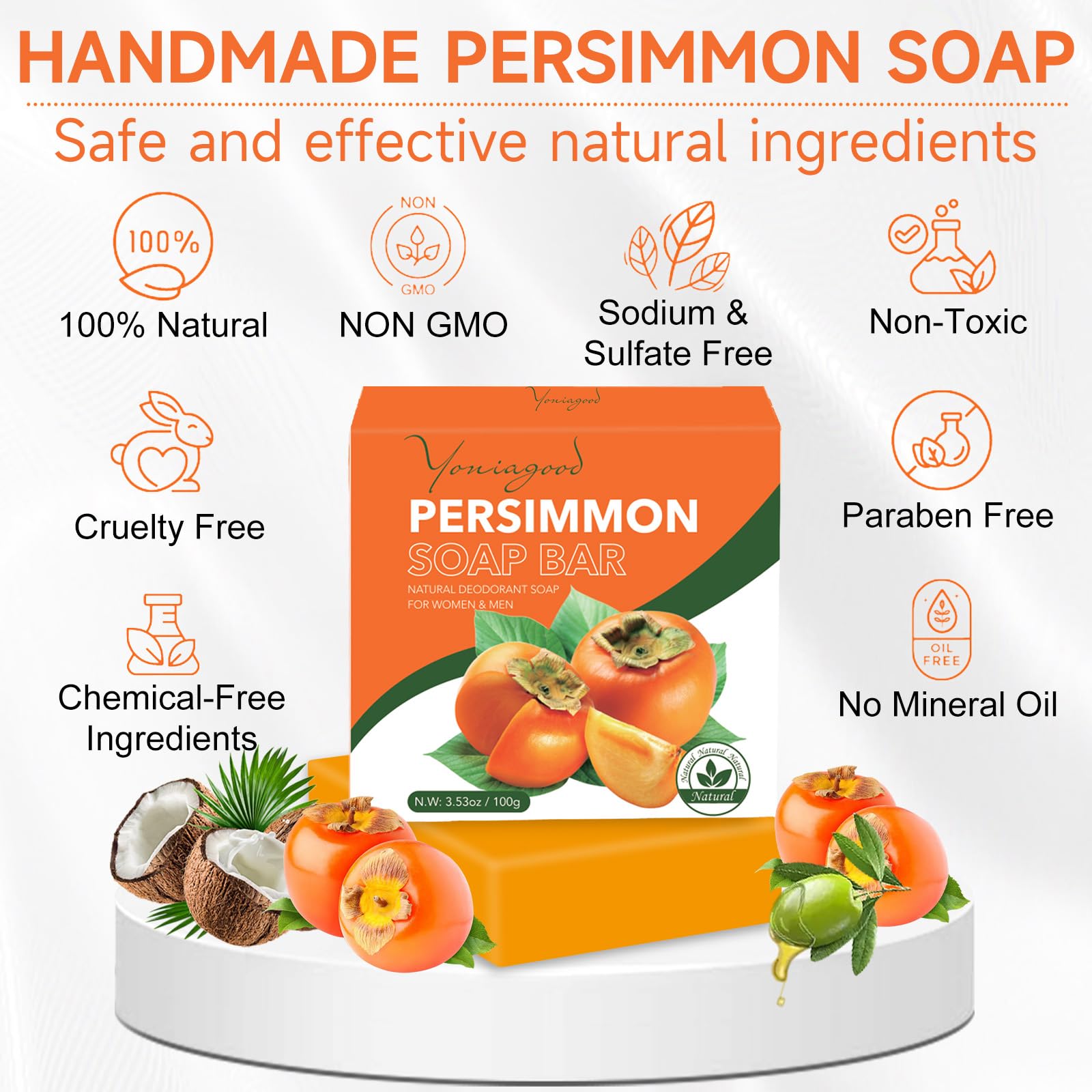 3 Pack Natural Persimmon Soap Bars for Body Odor Control - Organic Deodorant Soap for Men & Women - Eliminates Old People Smell & Unpleasant Odors - Perfect for Daily Shower, Gym, Travel & Sensitive Skin Care