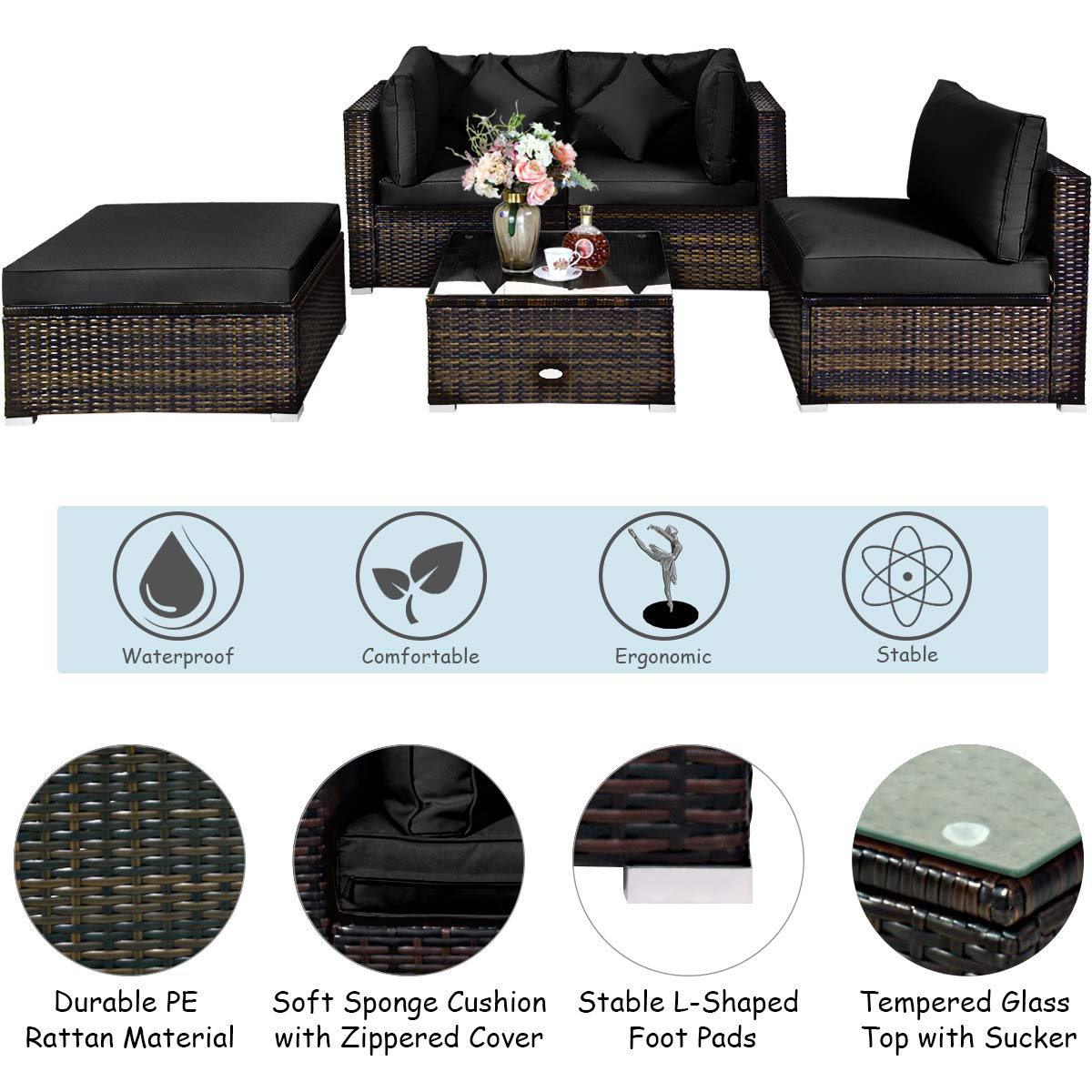 **Tangkula 5-Piece Patio Rattan Furniture Set - Outdoor Sectional Sofa with Cushions & Tempered Glass Table - Wicker Conversation Set for Backyard, Porch, Poolside (Black) - Perfect for Relaxing & Entertaining Outdoors**