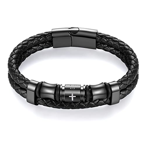 ASUWISH Men's Cross Bracelet - Leather Wristband with Steel Clasp | Bible Verse Gift for Christmas & Birthdays