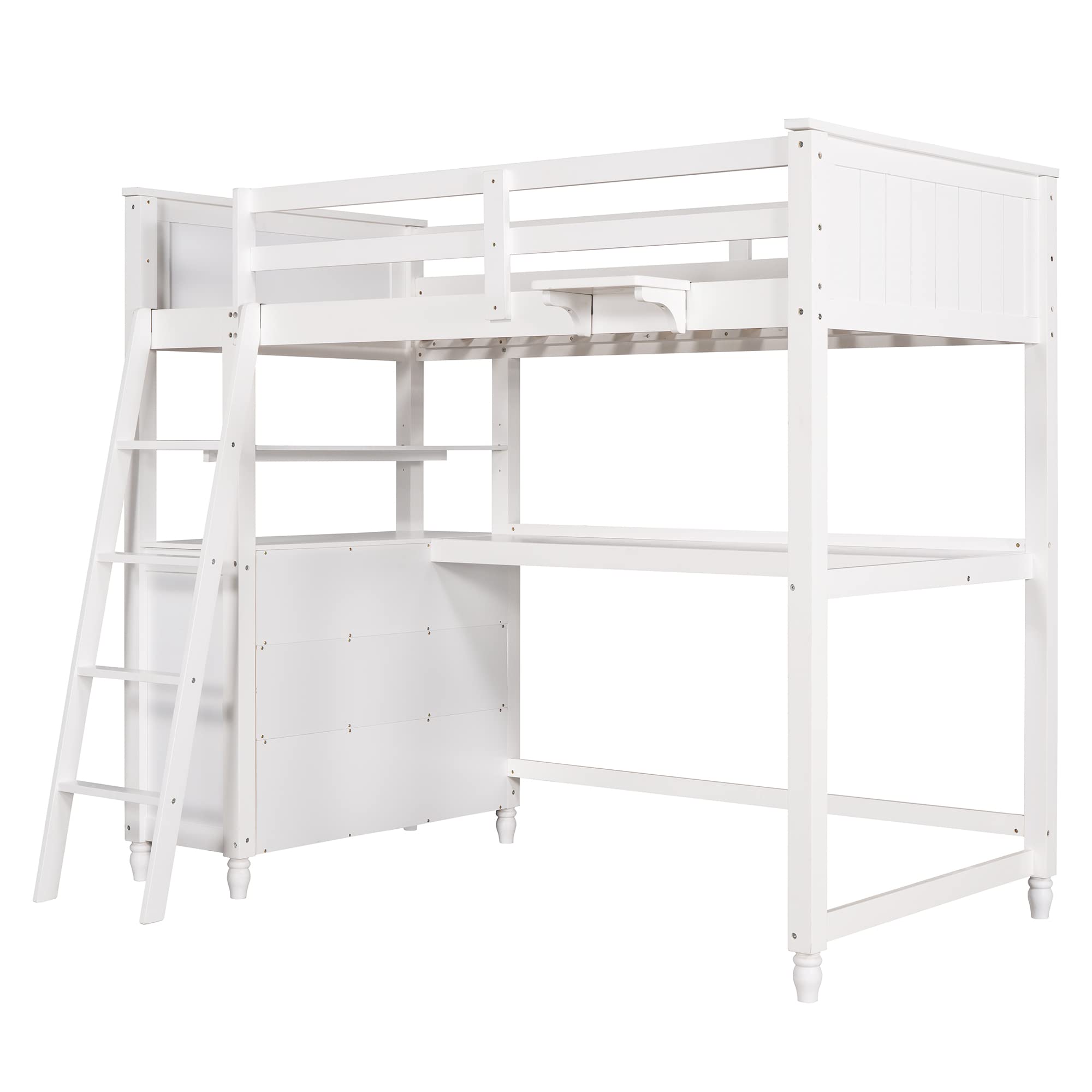**Solid Wood Twin Loft Bed with Desk for Kids - 3 Drawers & 3 Storage Shelves, Multi-Functional Study & Sleep Space with Ladder & Guardrails (White) - Perfect for Small Bedrooms & Dorm Rooms**