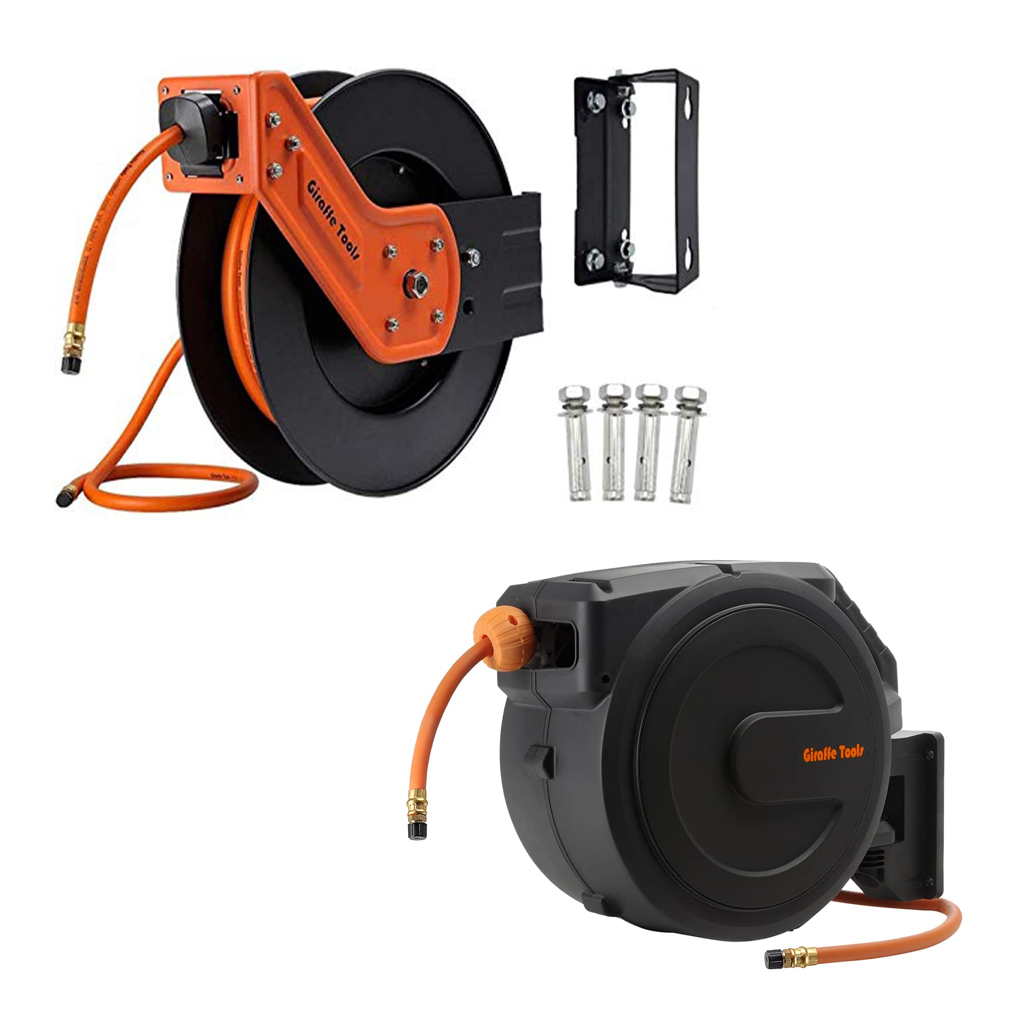 Giraffe Tools 50ft Retractable Air Hose Reel with 25ft Hybrid Hose - Heavy Duty Steel Wall Mount Reel, Auto Rewind, 300PSI - Perfect for Garage, Workshop & Automotive Air Tools