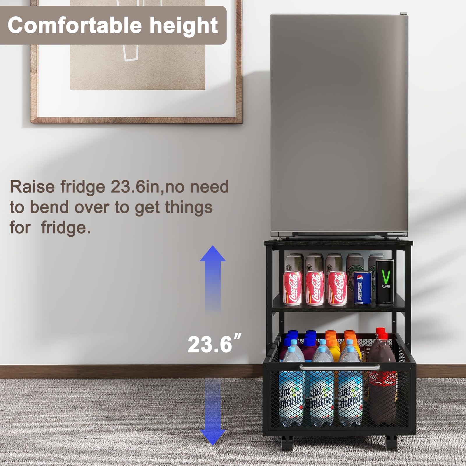 PUNCIA 19.7x19.7 Inch Heavy Duty Mini Fridge Stand with Storage & 4 Lockable Wheels - Beverage Refrigerator Table for Coffee Bar, Office, Home, Dorm - Perfect for Small Spaces & Compact Appliances