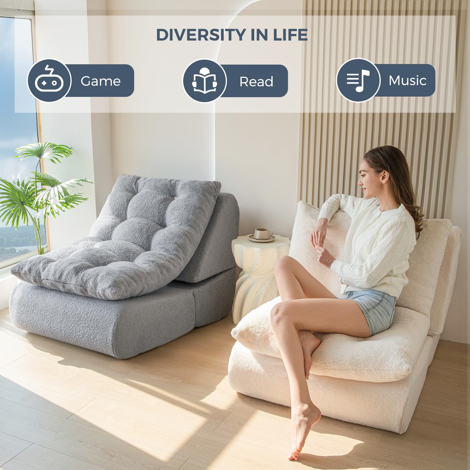 MAXYOYO Convertible Folding Sofa Bed - Boucle Floor Sofa with Back Support, Portable Sleeper Chair for Living Room, Guest Room & Small Spaces, Grey - Perfect for Lounging, Napping & Overnight Guests