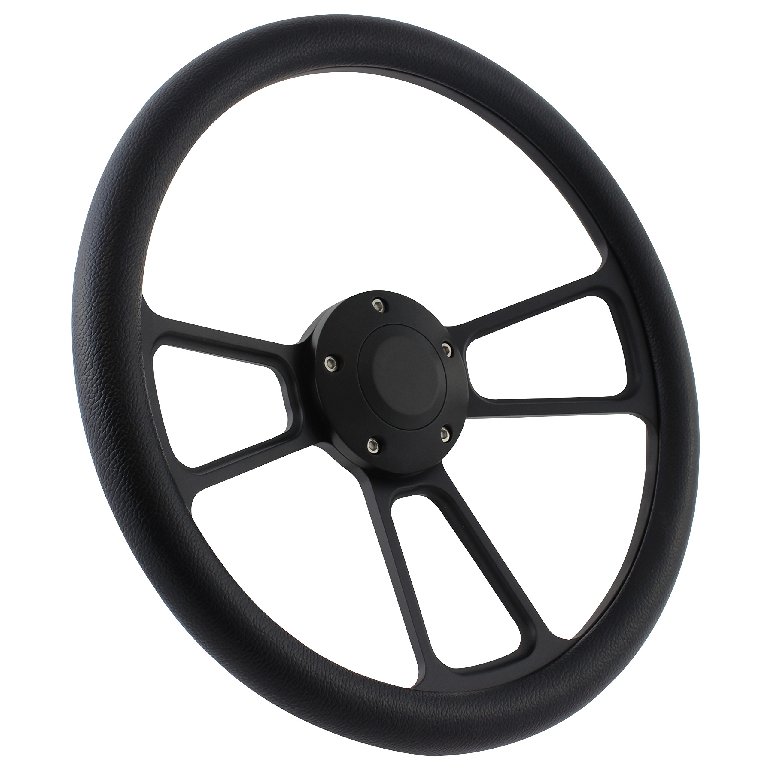14 Inch 5-Bolt Black Aluminum Steering Wheel with Black Vinyl Wrap and Horn - Perfect for Car Racing, Off-Roading & Vehicle Customization Upgrades