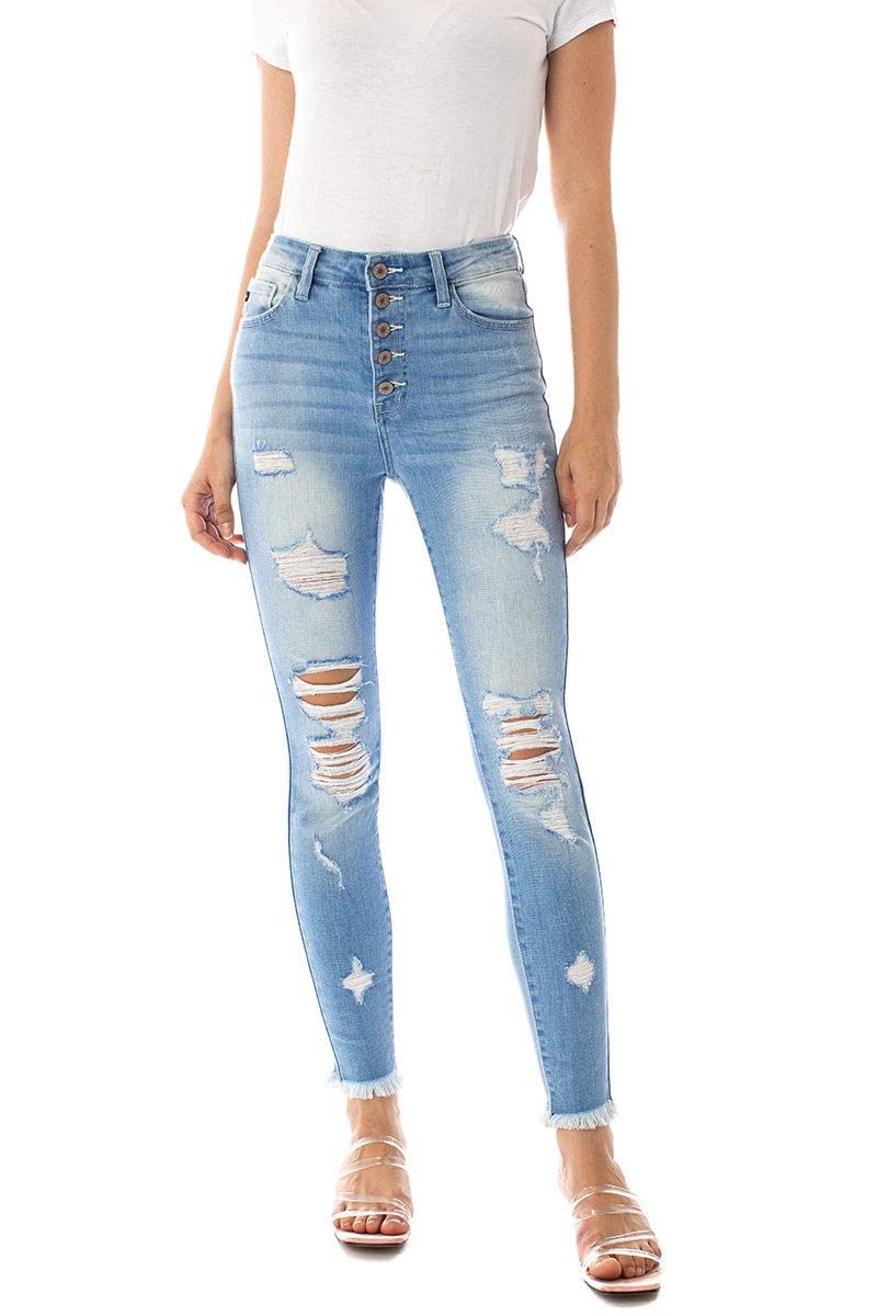 Kan Can Women's High Rise Button Fly Distressed Super Skinny Jeans - Stretch Denim Pants for Casual Wear, Night Out & Everyday Fashion