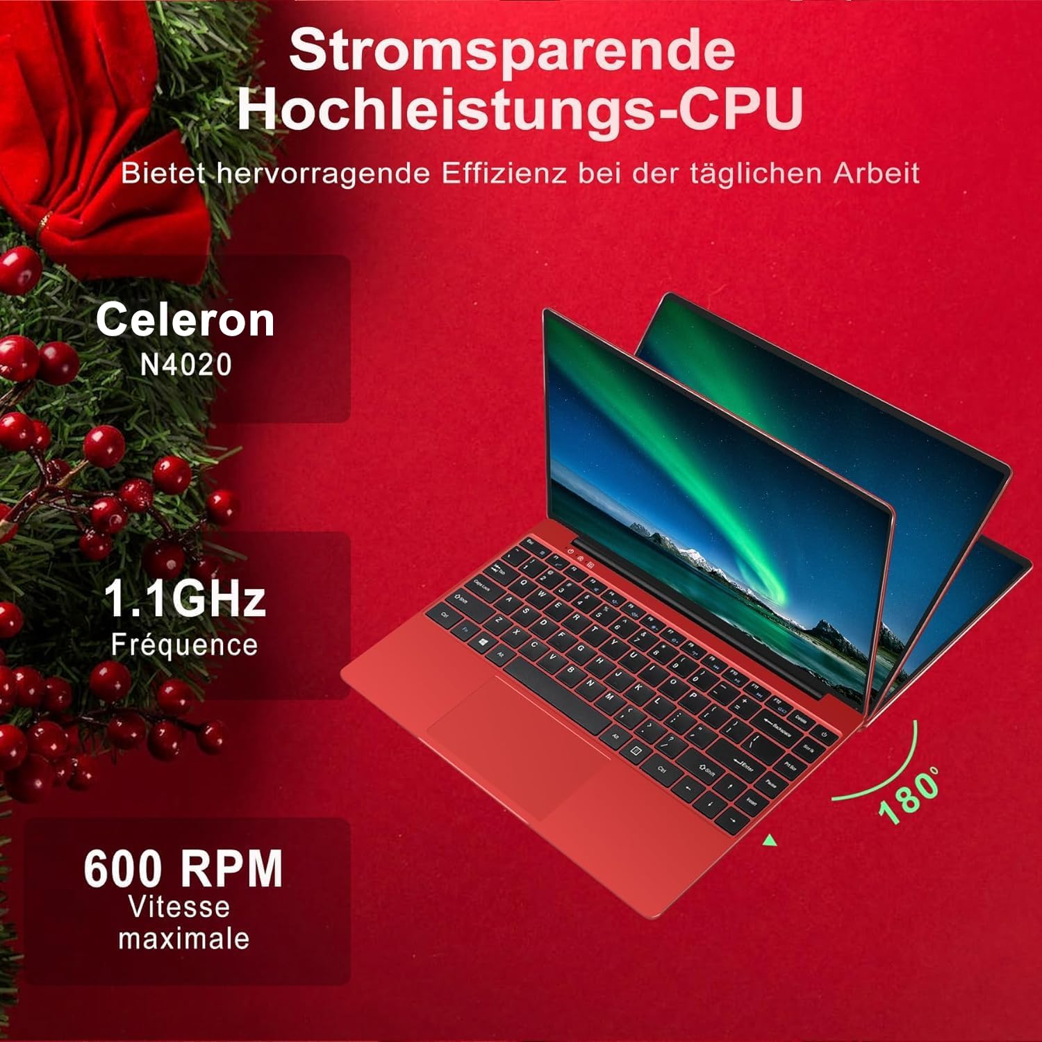 WOZIFAN 14 Inch Laptop - Windows 11, 256GB SSD (Expandable to 1TB), 1080P FHD Display, 2.4G+5G WiFi, Bluetooth, HDMI - Includes Wireless Mouse & German Keyboard Stickers (Red) - Perfect for Work, Study, and Home Entertainment