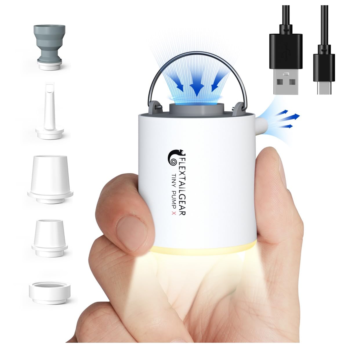 FLEXTAILGEAR Tiny Pump X - Ultra-Portable USB Rechargeable Air Pump with 1300mAh Battery & Built-in Camping Light | Perfect for Inflating Sleeping Pads, Pool Floats, Air Beds, Mattresses, Swimming Rings | Ideal for Camping, Travel, Beach Trips & Outdoor Adventures (Grey - X)