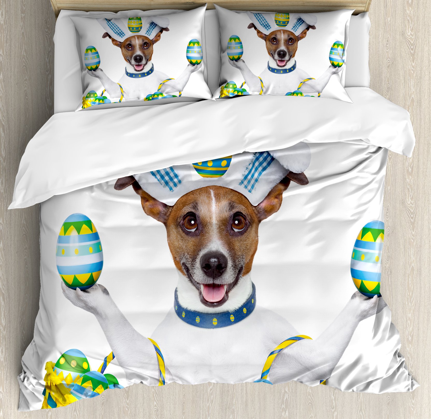 Funny Jack Russell Dog Cook Balancing Eggs Duvet Cover Set - 3 Piece King Size Easter Bedding with 2 Pillow Shams | Cute Animal Print Home Decor for Easter Celebrations, Dog Lover Gifts & Themed Bedroom Design