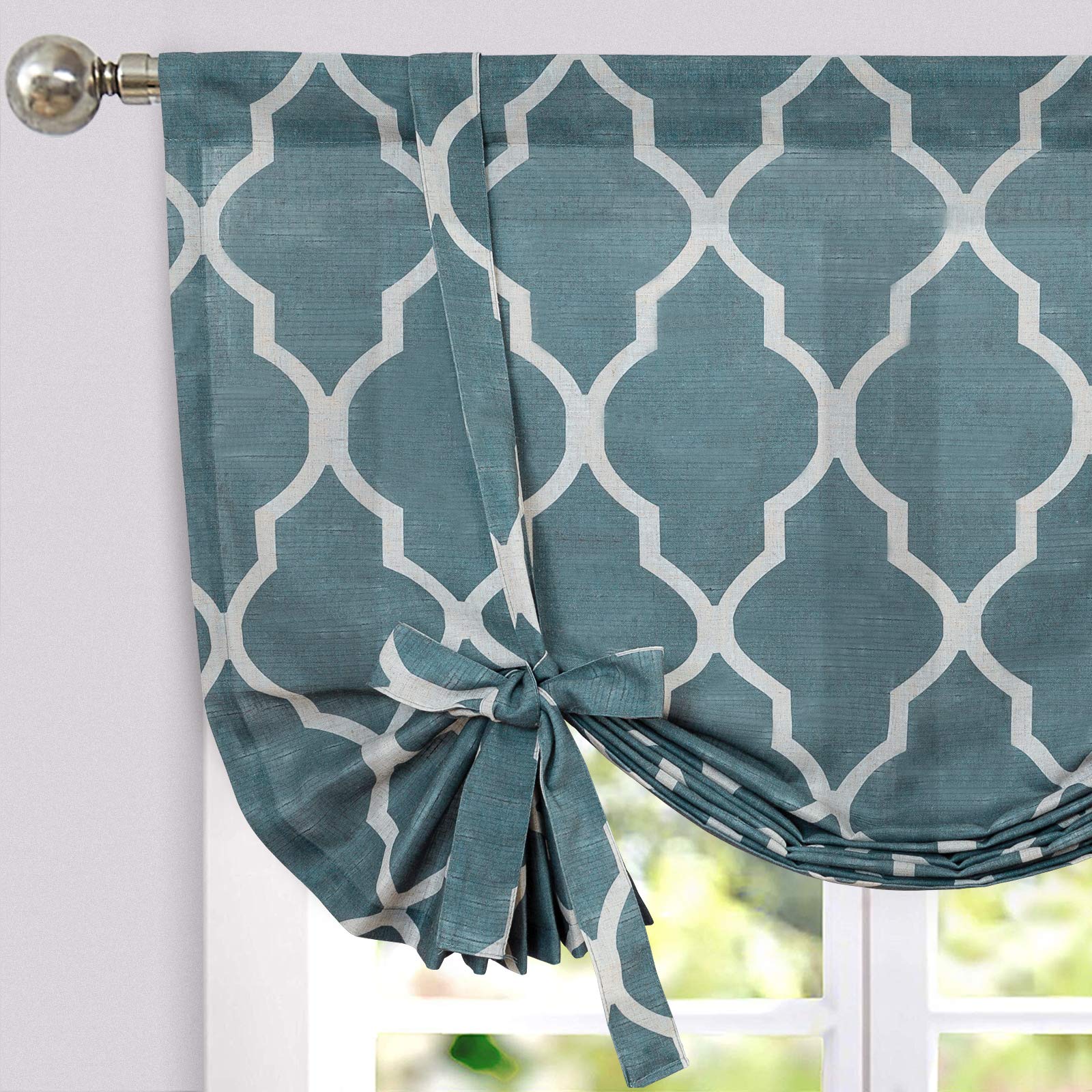 JINCHAN Linen Window Valances - Adjustable 54 Inch Kitchen Curtains, Tie Up Balloon Valance Shade for Living Room, Bedroom & Bathroom - Farmhouse Rustic Style with Moroccan Tile Design (Blue, 1 Panel) - Perfect for Home Decor, Window Treatments and Cozy Interior Styling