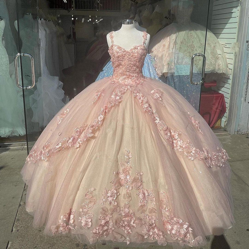 Elegant A-Line Pink Quinceañera Ball Gown | Sweet 16 Birthday Party Dress with Tulle & Lace | Perfect for Quinceañeras, Debutante Balls, and Formal Celebrations