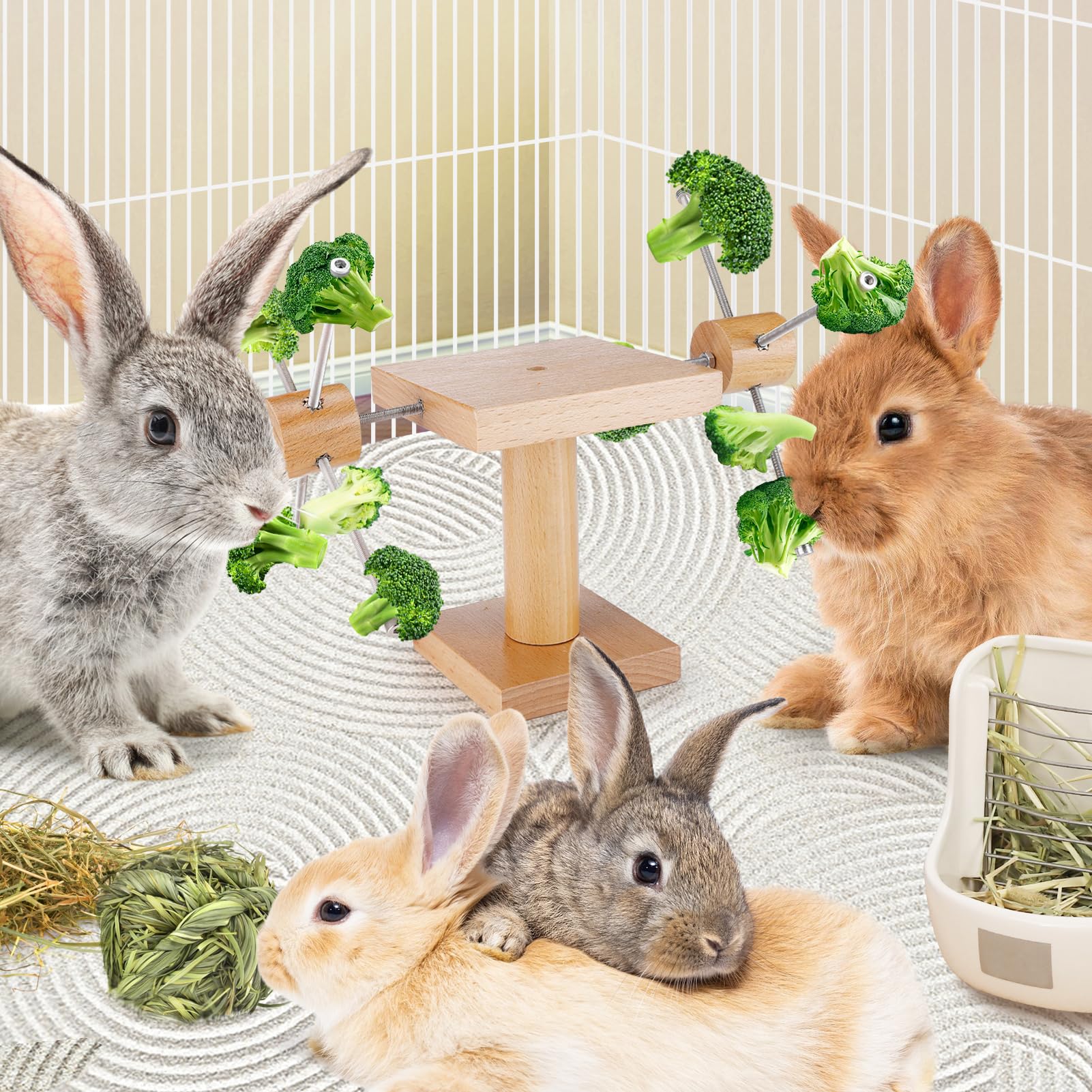 MEWTOGO Guinea Pig Toys - Adjustable Stainless Steel Rabbit Foraging Feeder with Wooden Chew Toys | Interactive Small Animal Enrichment for Chinchillas, Hamsters, Rabbits | Perfect for Cage Entertainment & Natural Chewing Instincts