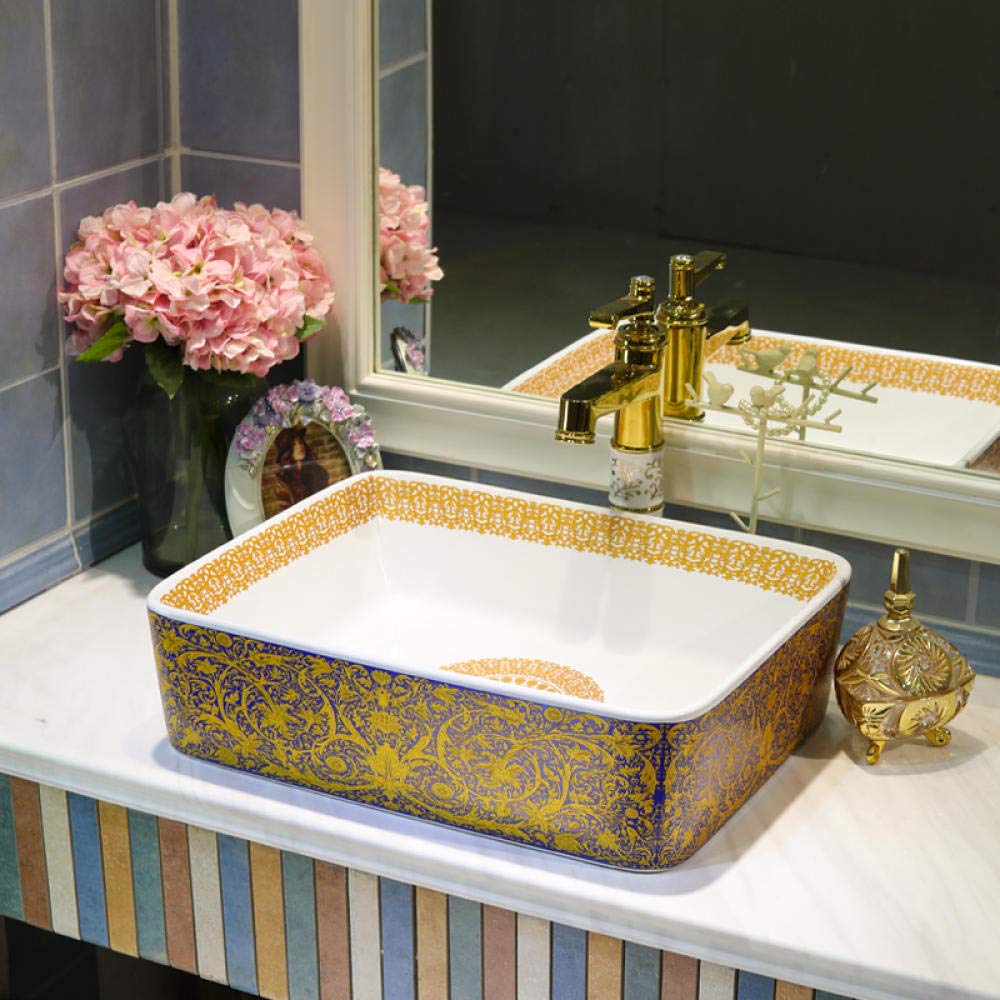SHAWLA Rectangular Ceramic Vessel Sink - Countertop Bathroom Basin, Handcrafted Jingdezhen Porcelain Wash Basin for Modern Vanity, Perfect for Powder Rooms & Guest Bathrooms