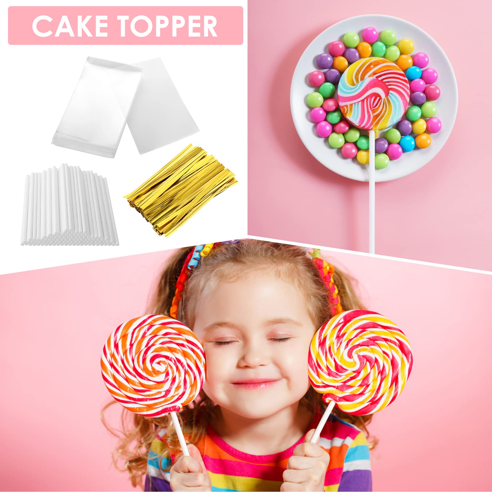 300Pcs Cake Pop Sticks and Bags Kit - 100Pcs Lollipop Sticks, 100Pcs Cake Pop Bags, 100Pcs Gold Twist Ties for DIY Candy, Chocolate, Cookie Wrappers - Perfect for Birthday Parties, Baby Showers & Holiday Treats