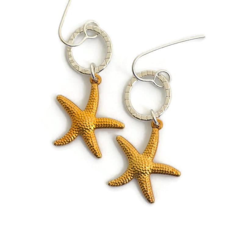 Sterling Silver Gold-Toned Starfish Dangle Earrings | Hypoallergenic Nautical Jewelry for Women | Perfect for Beach Vacations, Summer Outfits & Gift Giving