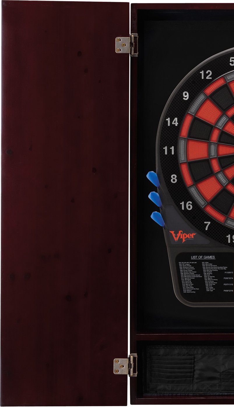 Premium Viper Metropolitan Solid Wood Dart Cabinet with Electronic Dartboard - Ready-to-Play Bundle Includes 2 Sets of Soft-Tip Darts & Integrated Storage - Multiple Stain Options for Home Game Rooms, Bars, and Entertainment Spaces