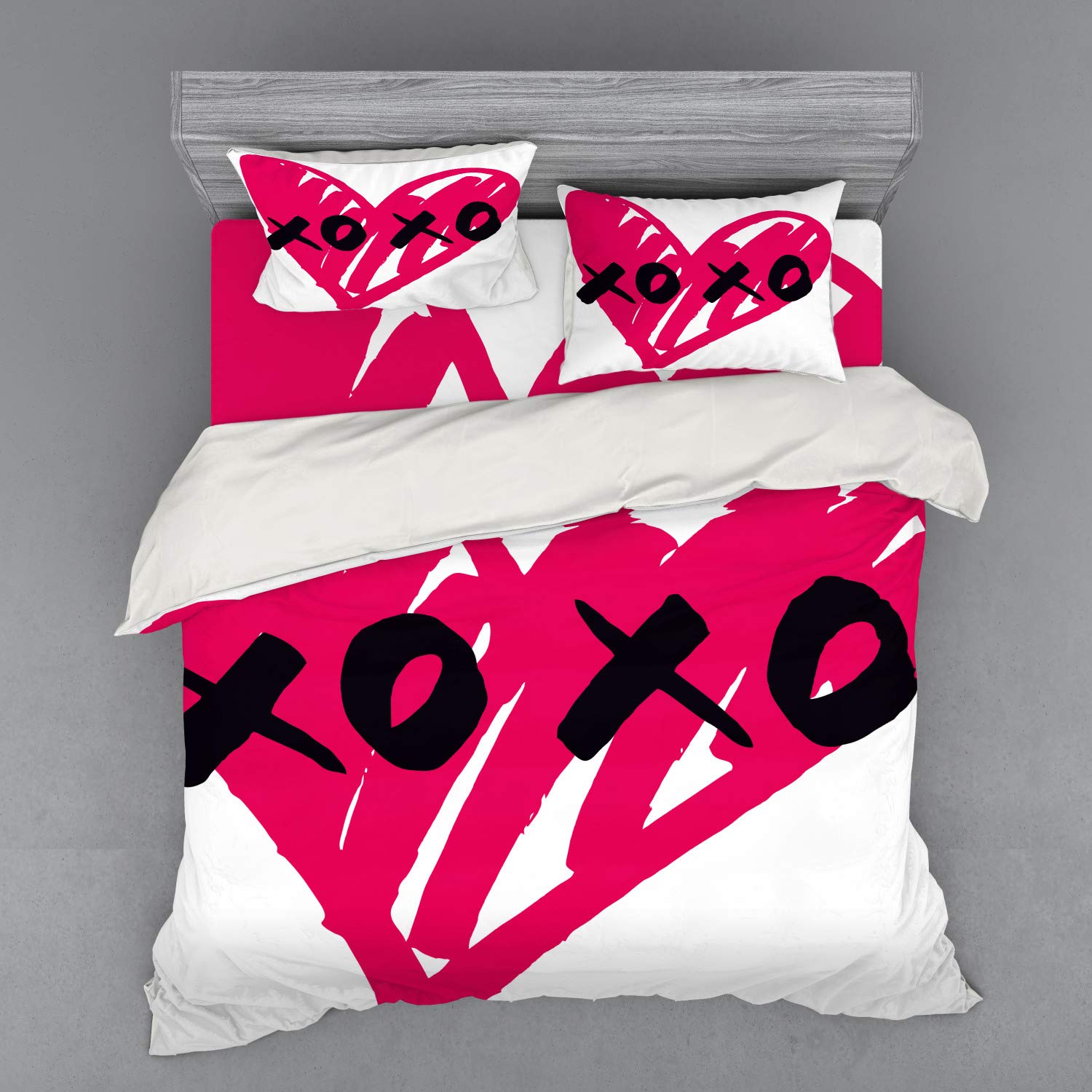 Ambesonne Xo Romantic Bedding Set - King Size 4-Piece Duvet Cover with Shams & Fitted Sheet - Pink & Black Abstract Heart Kisses Design for Couples - Perfect for Valentine's Day, Anniversary Gifts & Master Bedroom Decor