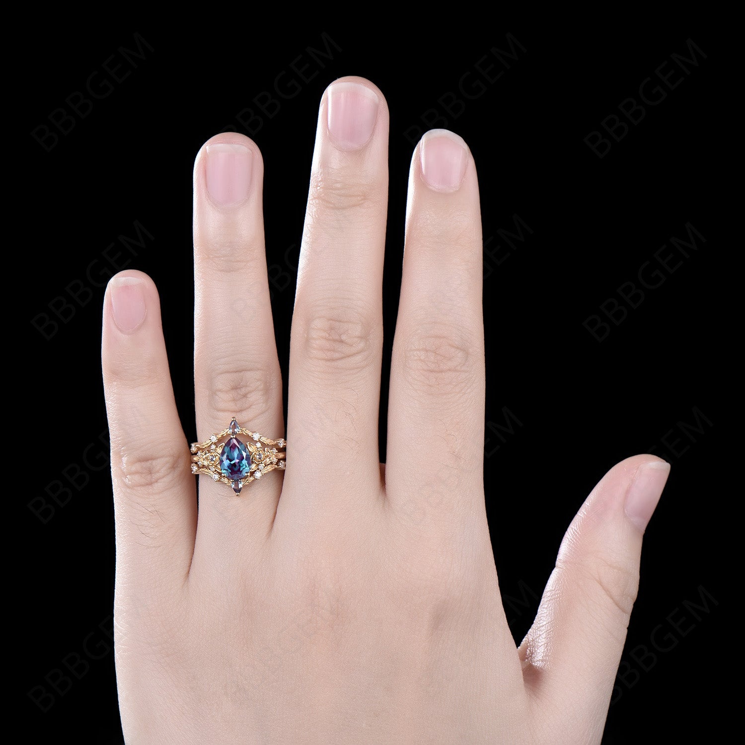 14K Solid Gold Pear Shape Alexandrite Engagement Ring Set with Floral Promise Ring & Branch Leaf Wedding Band Enhancer - Nature Inspired Jewelry for Weddings, Anniversaries & Romantic Gifts