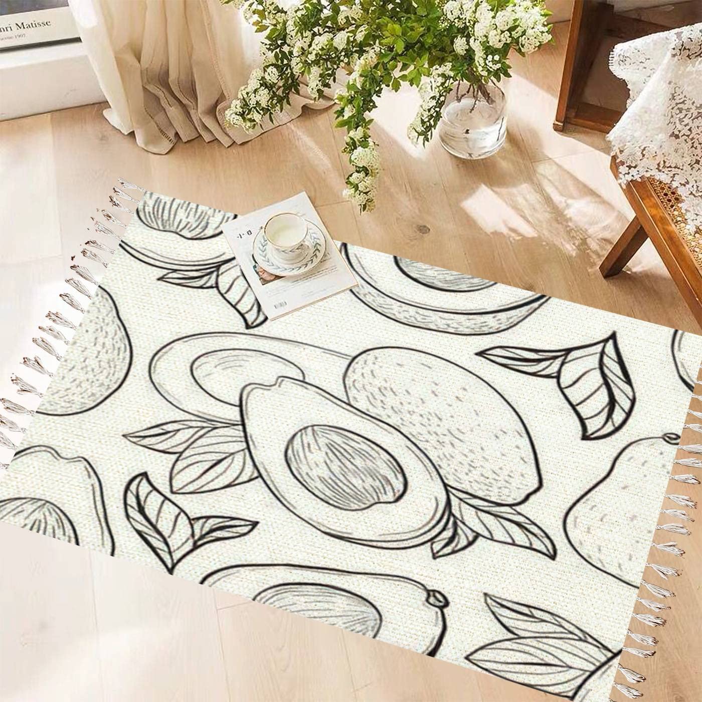 Boho Cotton Linen Tassel Rug with Avocado Print - Washable Woven Runner Mat for Kitchen, Bathroom, Outdoor Decor | Vintage Style Area Carpet for Boho Chic Home, Living Room & Bedroom