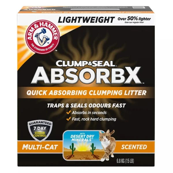 Arm & Hammer Clump & Seal AbsorbX Multi-Cat Clumping Scented Cat Litter, 15 lbs (6.8kg) – Odor Control for Multiple Cats – Perfect for Large Litter Boxes & High-Traffic Homes