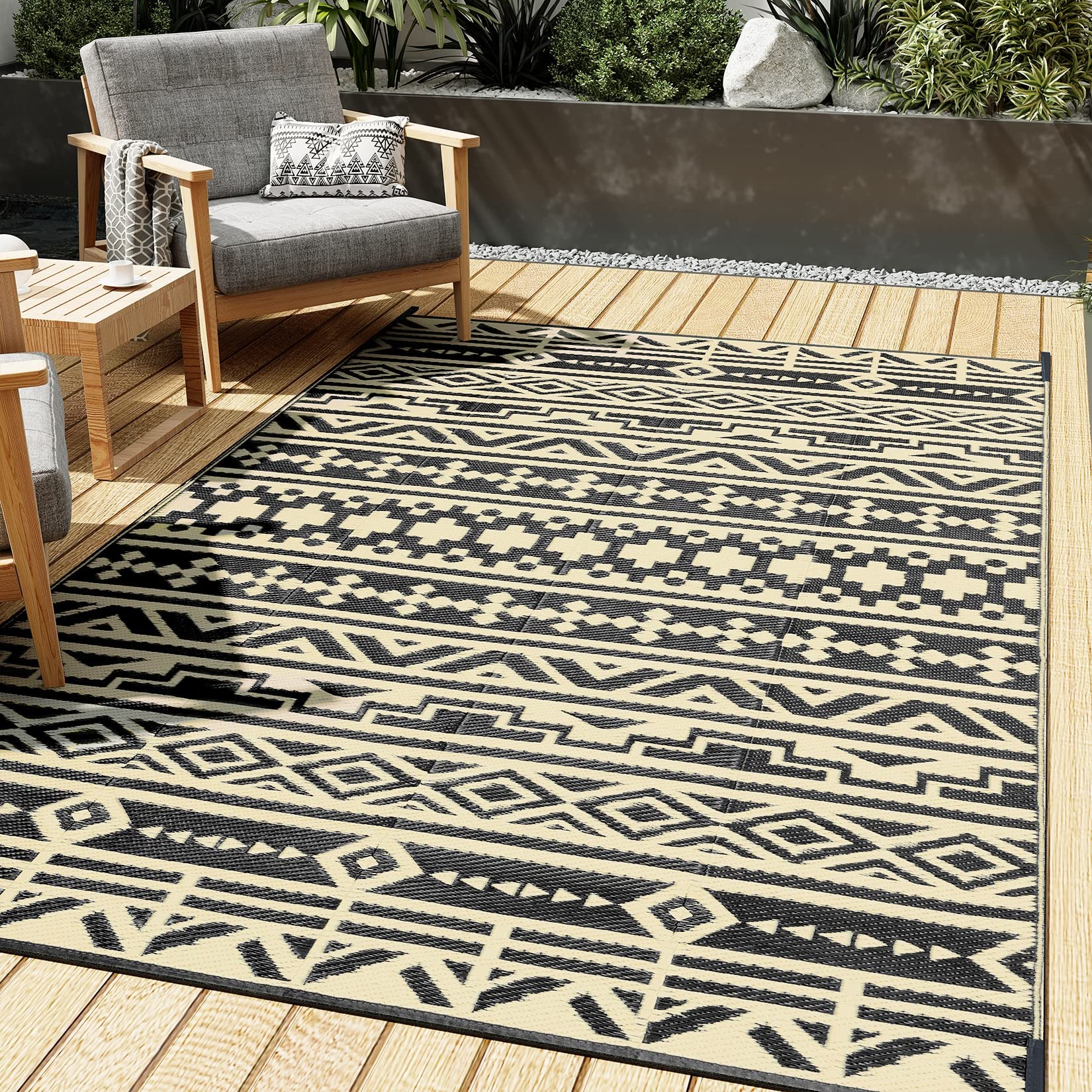 Waterproof Reversible Outdoor Plastic Straw Rug 5x8ft - Geometric Boho Black & Brown - Perfect for Patio, Camping, Balcony, RV, Picnic & Beach - Durable All-Weather Area Rug for Outdoor Decor