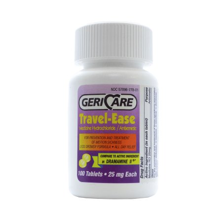 Geri Care Travel Ease Motion Sickness Relief Tablets 25mg - 100 Count Bottle for Nausea, Dizziness & Car Sickness - Perfect for Road Trips, Cruises & Airplane Travel