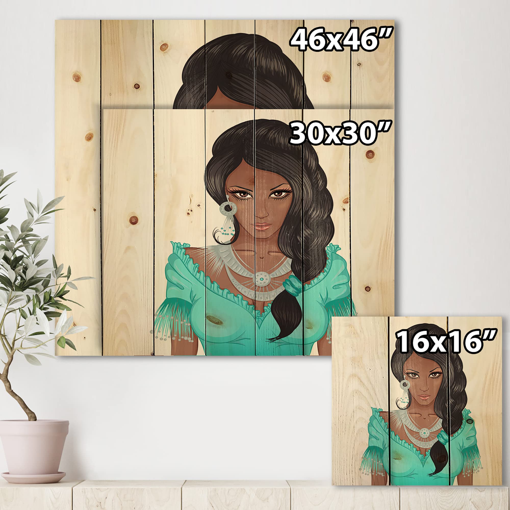 African American Woman Portrait XVI - Modern Wood Wall Art Decor, Blue Contemporary Wood Panel Print on Natural Pine, Large People Wall Art for Living Room, Bedroom & Office Decor