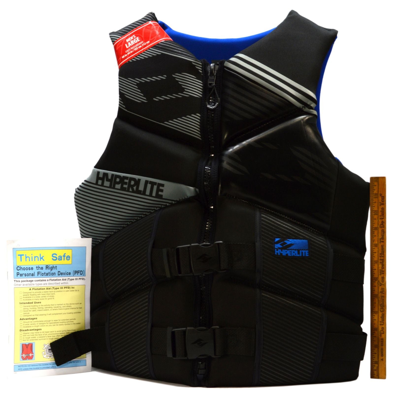 HYPERLITE LIFE VEST Men's Neoprene PFD Jacket - Black/Blue, Size Large (40-44) | Comfortable & Durable Life Jacket for Boating, Fishing & Water Sports