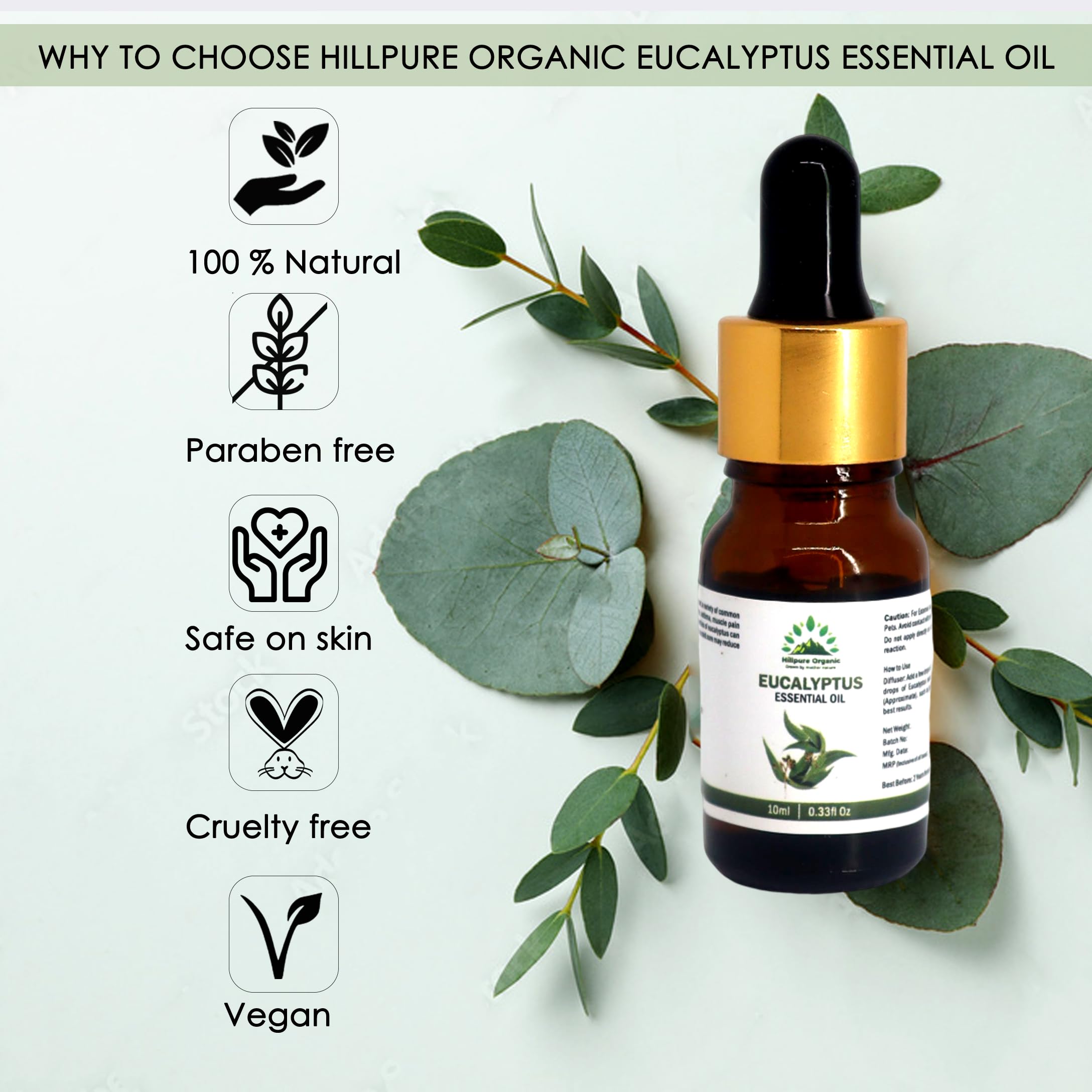 Hillpure Organic Eucalyptus Essential Oil - 100% Pure Natural Therapeutic Grade for Hair Growth, Skin Care & Aromatherapy Diffuser - 10ml Bottle for Stress Relief, Cold Relief & Home Spa