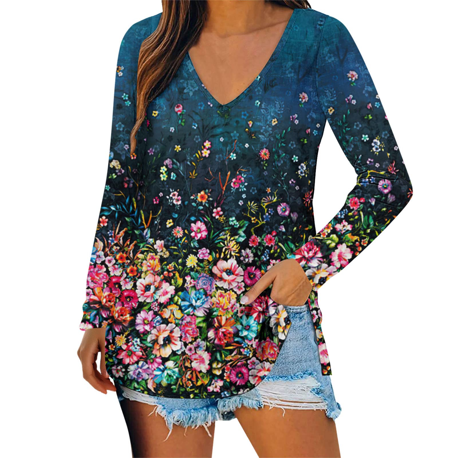 Elegant Women's Long Sleeve V-Neck T-Shirt with Feather Floral Dots Print - Casual & Dressy Blouse for Work, Date Night & Everyday Wear